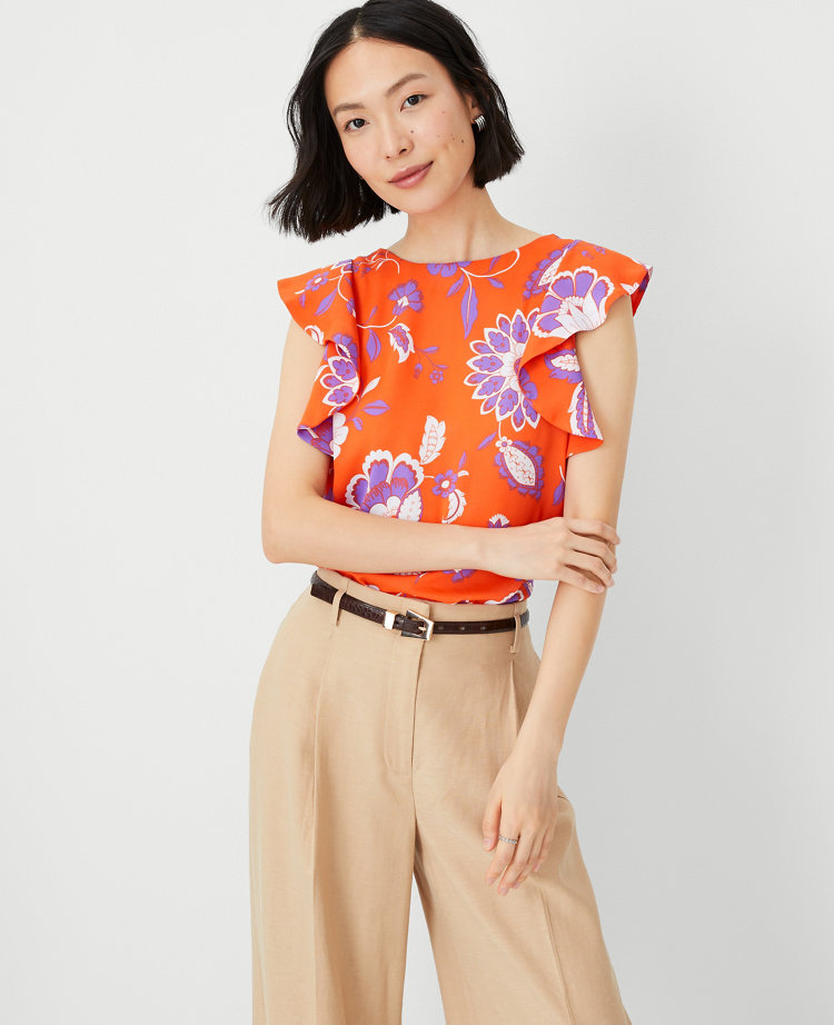 Ann Taylor Floral Ruffle Shoulder Top Flame Azalea Women's