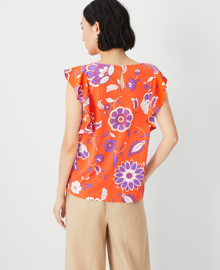 Ann Taylor Floral Ruffle Shoulder Top Flame Azalea Women's