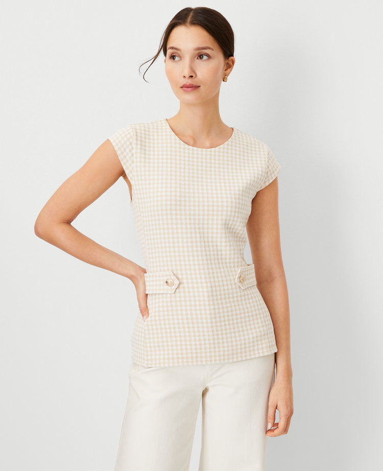 Ann Taylor Gingham Button Waist Top Cashmere Khaki Women's