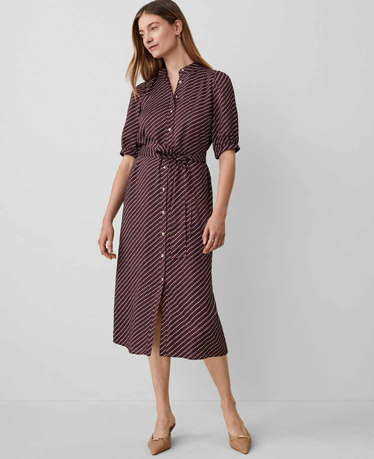 Ann Taylor Dotted Stand Collar Belted Midi Shirtdress Size 0 Plum Rose Women's