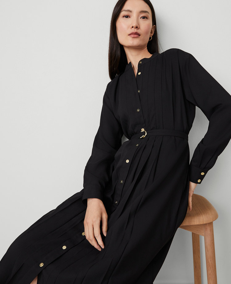 Pleated Belted Midi Shirtdress