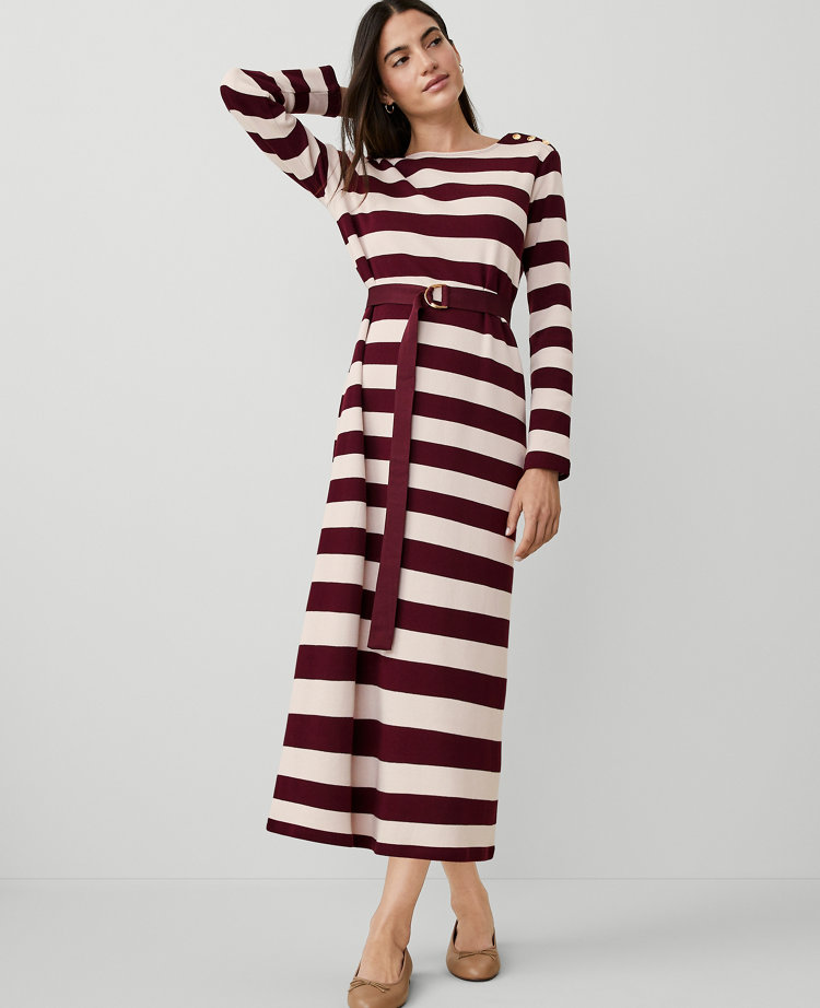 Ann Taylor AT Weekend Striped Knit Column Midi Dress Plum Rose Women's