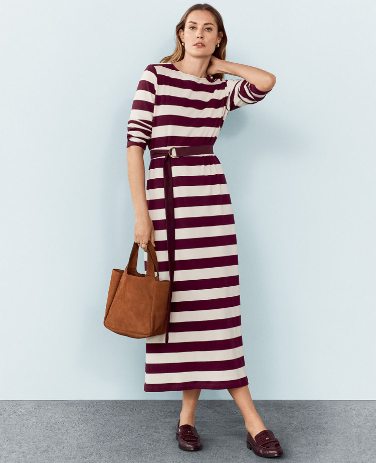 Ann Taylor AT Weekend Striped Knit Column Midi Dress Plum Rose Women's