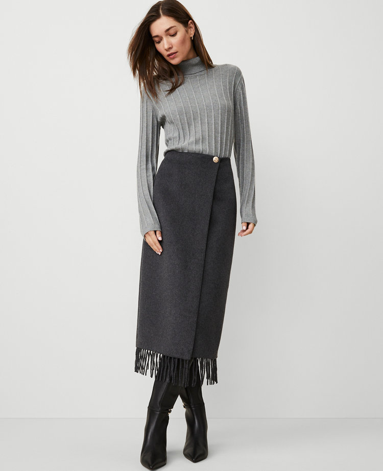 Button Waist Wrap Fringe Midi Skirt