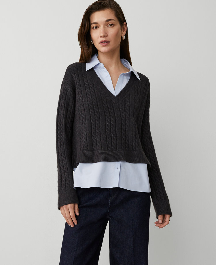 Ann Taylor Collared Mixed Media Sweater Heathered Onyx Women's