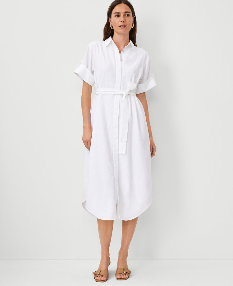Ann Taylor Petite Linen Blend Midi Shirtdress White Women's