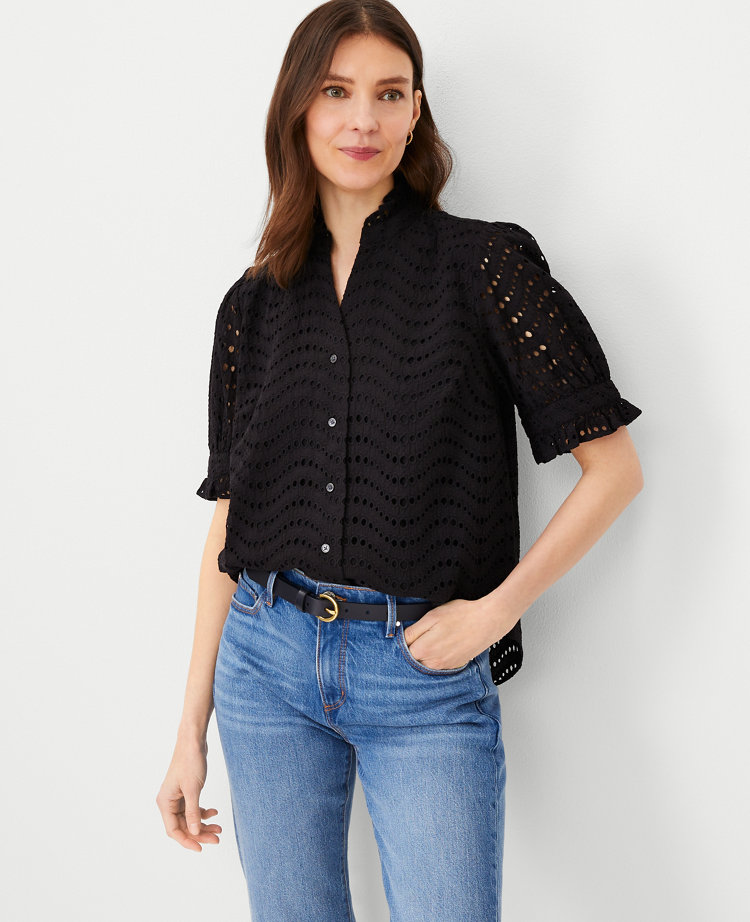 Eyelet Ruffle Button Top