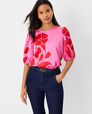 Ann Taylor Petite Floral Puff Sleeve Top In Pink