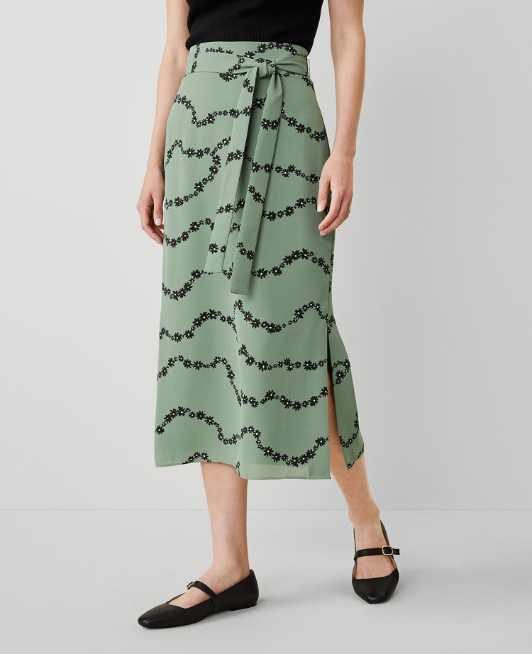Ann Taylor Tie Waist Floral Column Skirt Lush Palm Women's