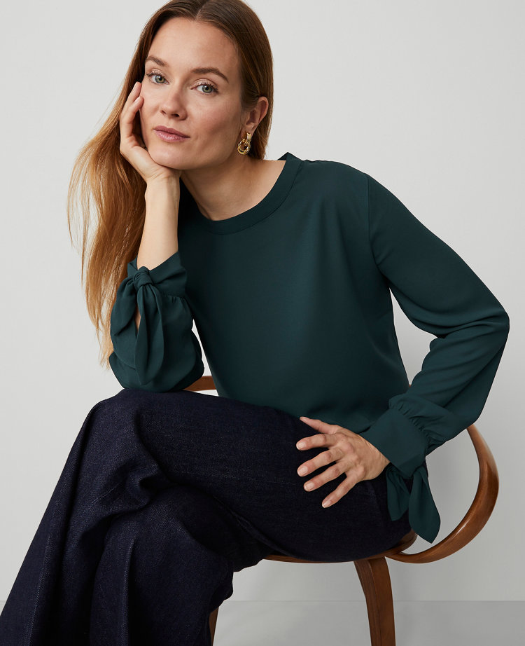 Ann Taylor Olive Green Bell Sleeve Sheer Blouse main image 0