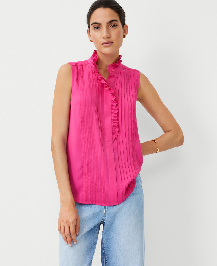 Ann Taylor Petite Ruffle Pintucked Popover Shell Top Bold Pink Women's