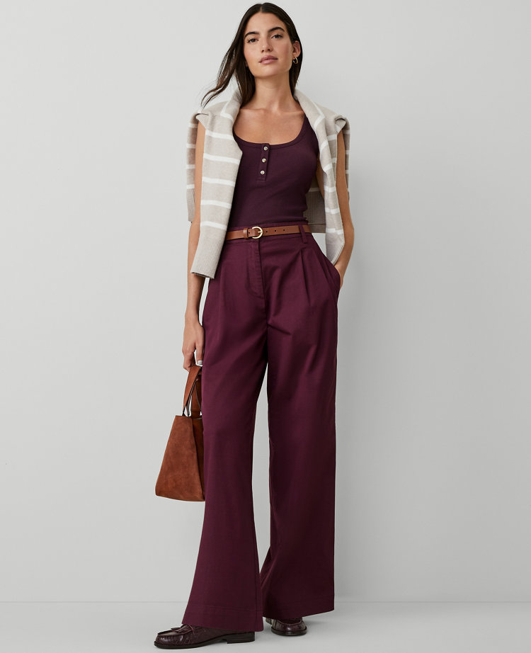 Ann Taylor AT Weekend Topstitched Wide Leg Pants Plum Rose Women's