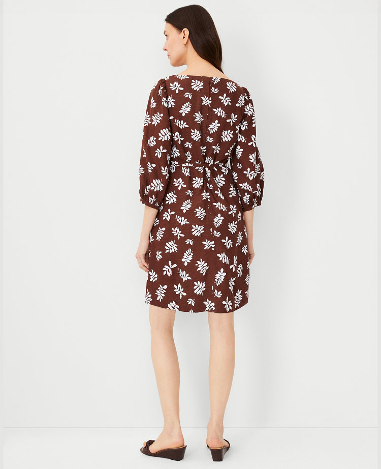 Leafed Linen Blend Puff Sleeve Shift Dress