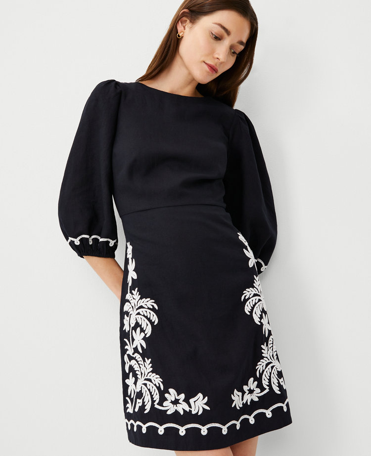 Ann Taylor Petite Embroidered Linen Blend Open Back Flare Dress Black Women's