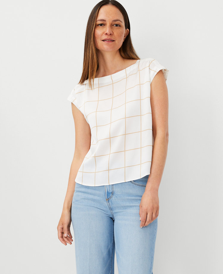 Ann Taylor Windowpane Boatneck T-Shirt Baguette Women's