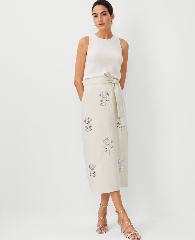 Ann Taylor Studio Collection Sequin Tie Waist Midi Skirt Polished Stone Women's