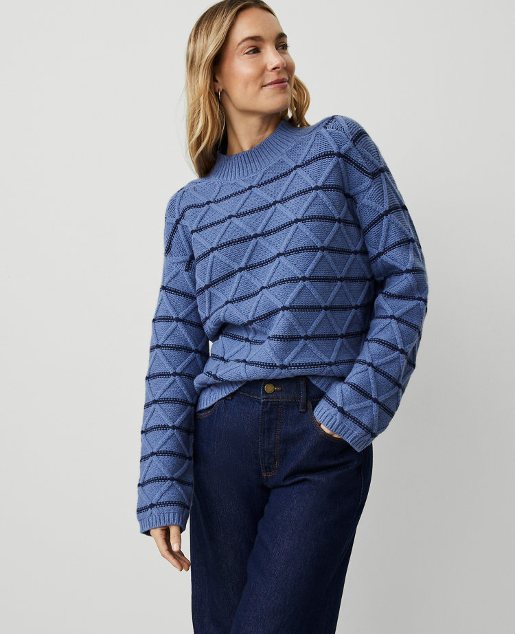 Ann Taylor Weekend Collection Diamond Cable Stripe Sweater In Blue Multi