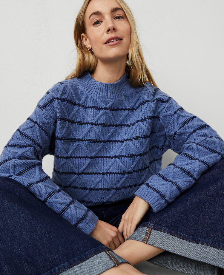 Ann Taylor Weekend Collection Diamond Cable Stripe Sweater In Blue Multi