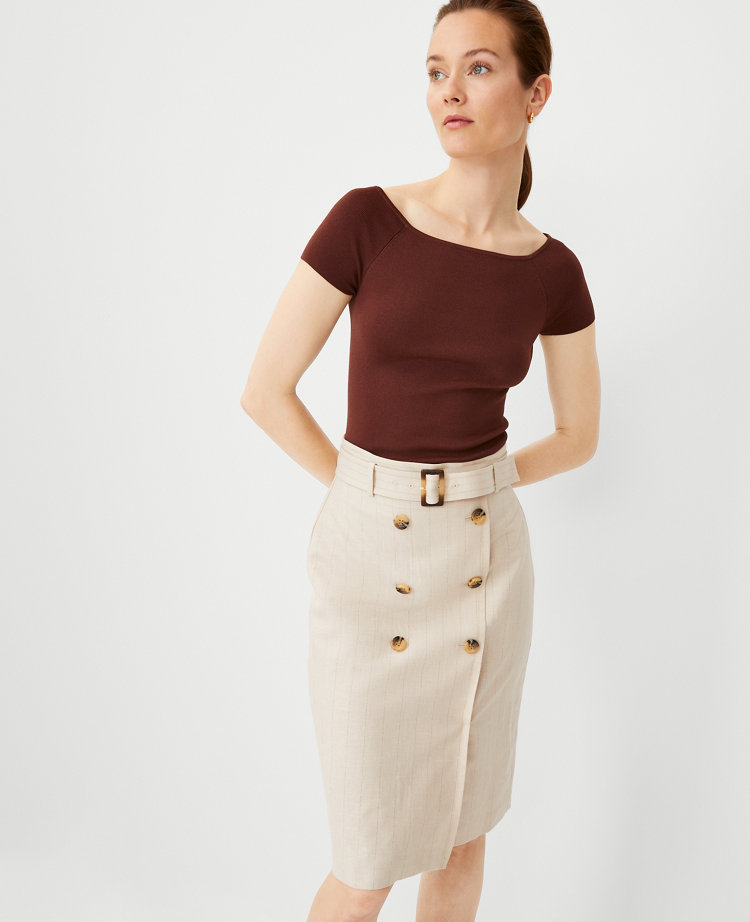 Ann Taylor Petite Pinstripe Belted Button Wrap Pencil Skirt Size 0 Pearl Linen Women's