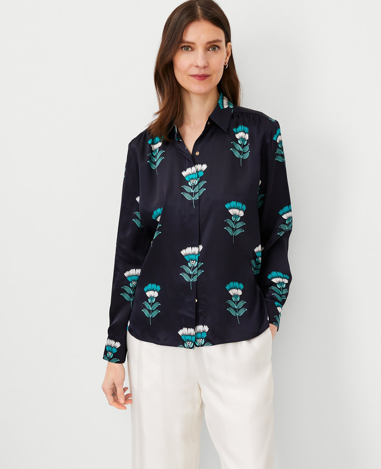 Ann Taylor Studio Collection Floral Silk Shirt Night Sky Women's