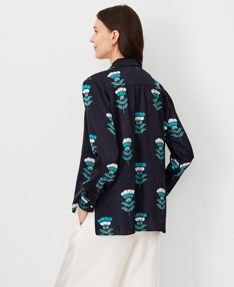 Ann Taylor Studio Collection Floral Silk Shirt Night Sky Women's