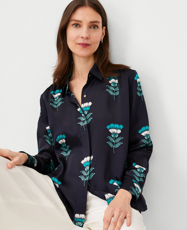 Ann Taylor Studio Collection Floral Silk Shirt Night Sky Women's