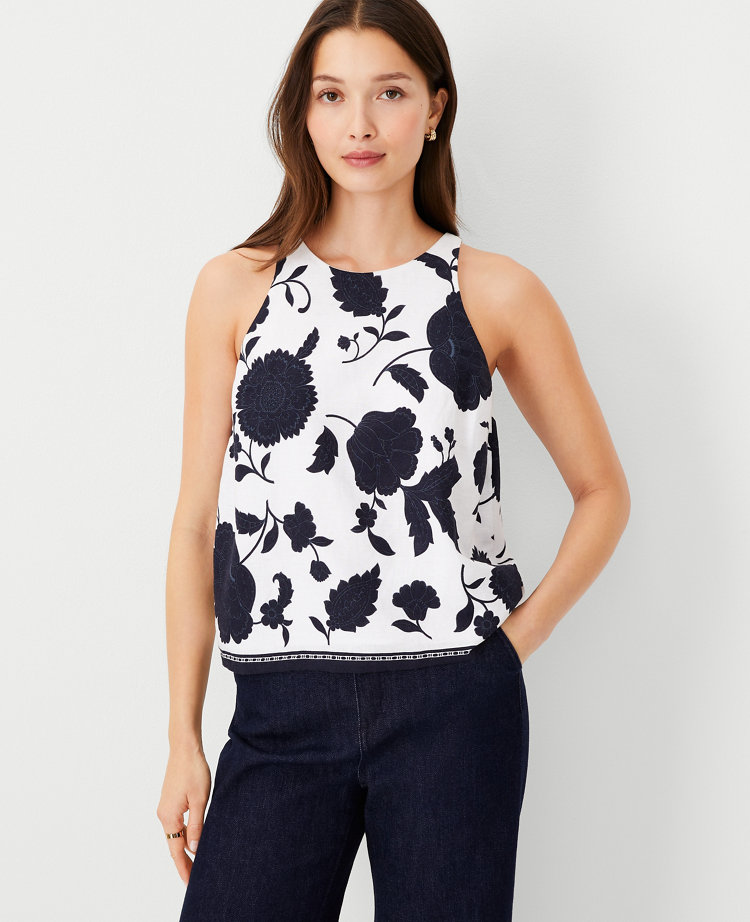 Ann Taylor Floral Border Linen Blend Halter Top