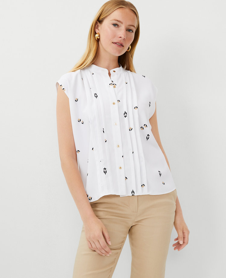 Ann Taylor Floral Shirred Button Top White Women's