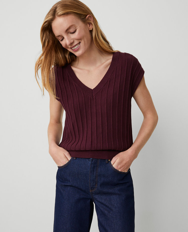 Ann Taylor V-Neck Ribbed Sweater Shell Top Women's