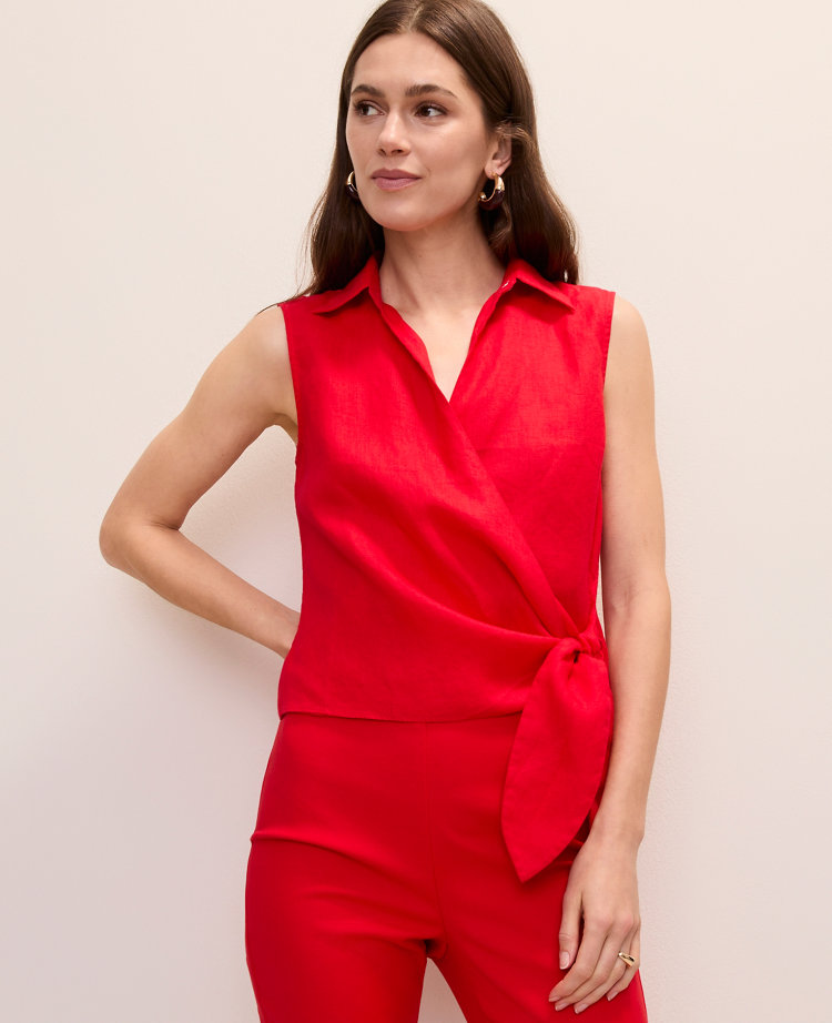 Petite Tie Waist Blouse in Linen carousel Product Image 1