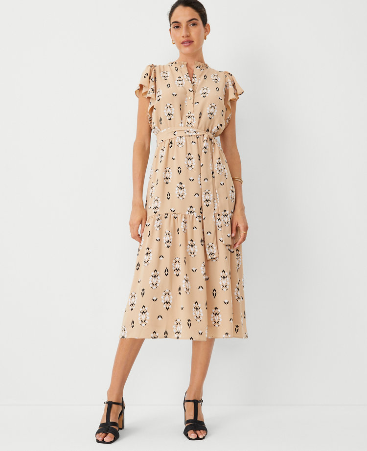 Ann Taylor Floral Flutter Sleeve Midi Flare Dress Baguette Women's