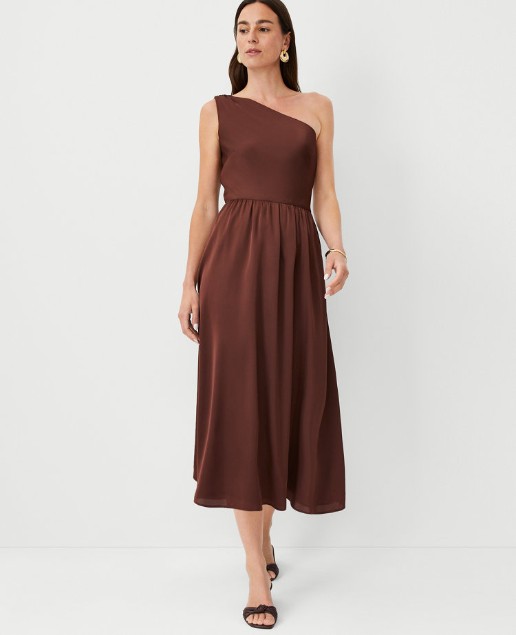 Ann Taylor Petite One Shoulder Flare Midi Dress Brown Stone Women's