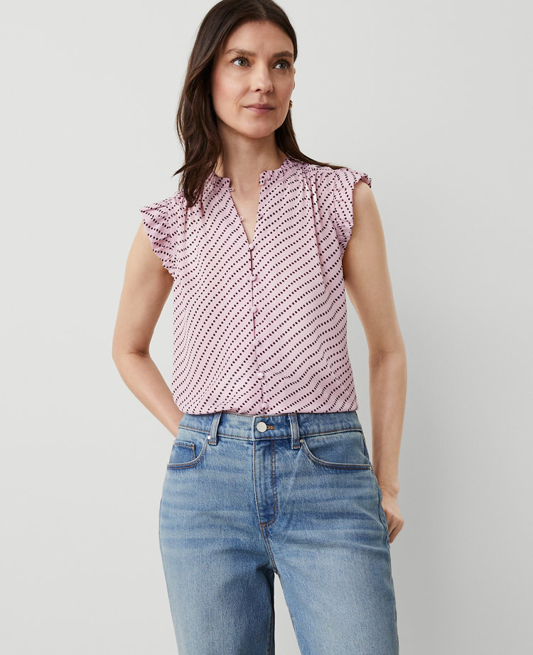 Ann Taylor Striped Mixed Media Ruffle Shell Top