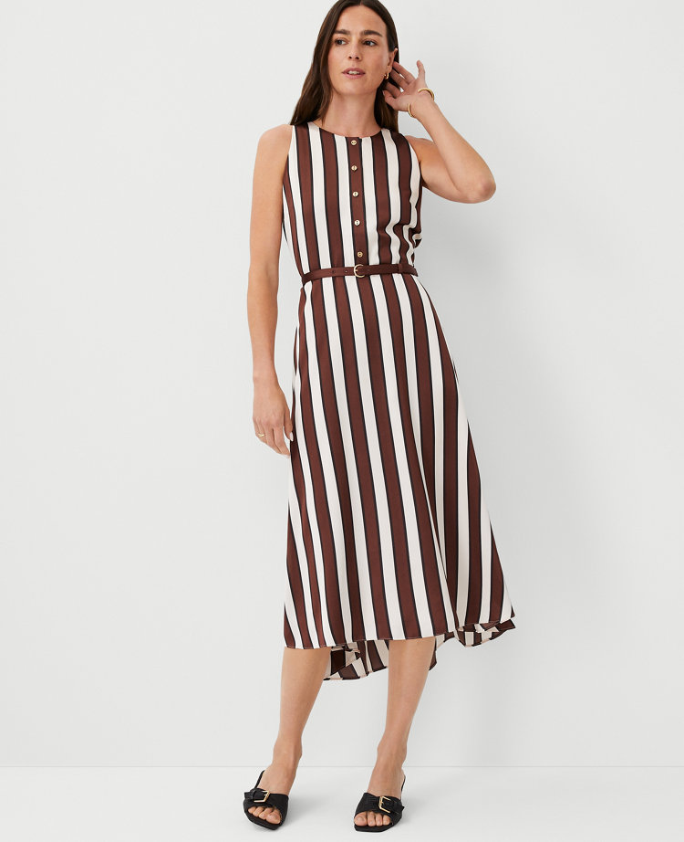 Ann Taylor Petite Striped Flare Midi Dress Brown Stone Women's