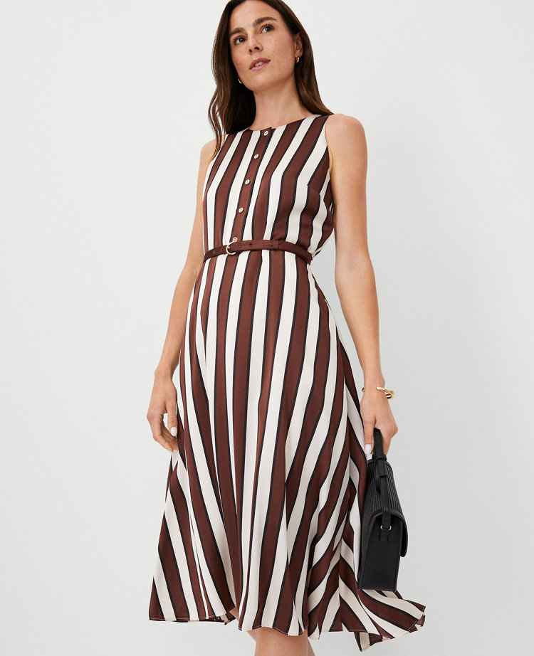 Ann Taylor Petite Striped Flare Midi Dress Brown Stone Women's