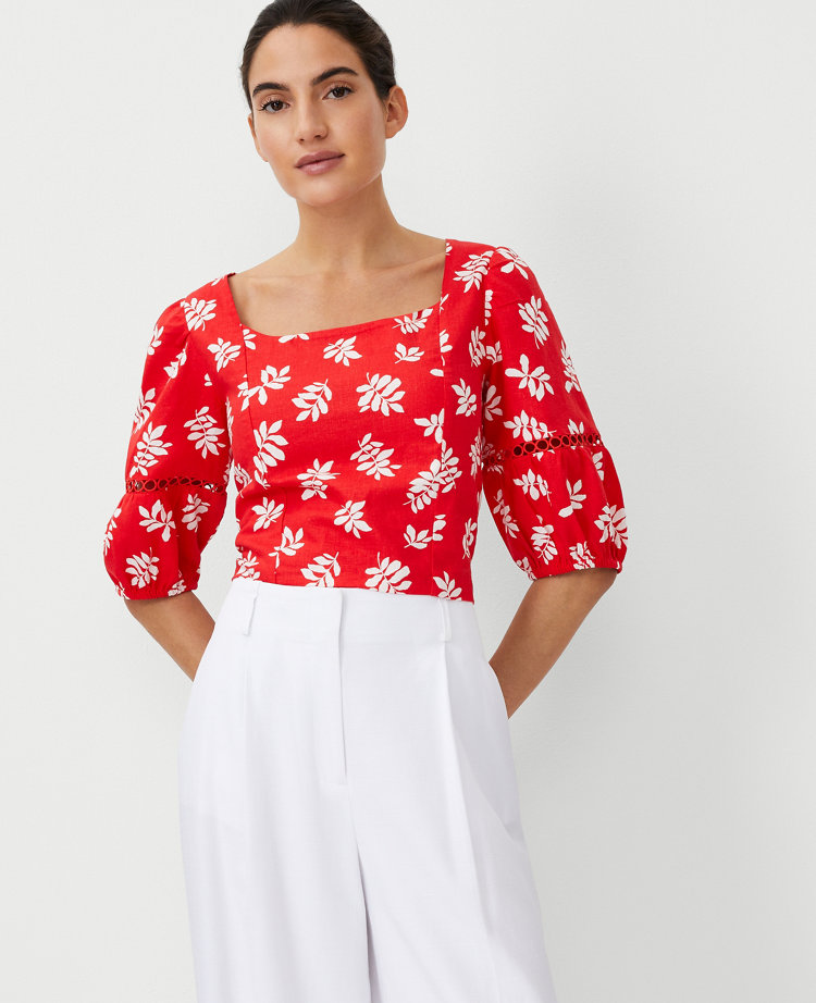 Ann Taylor Leafed Linen Blend Square Neck Puff Sleeve Top Fiery Red Women's