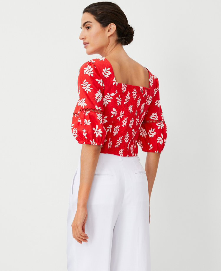 Leafed Linen Blend Square Neck Puff Sleeve Top