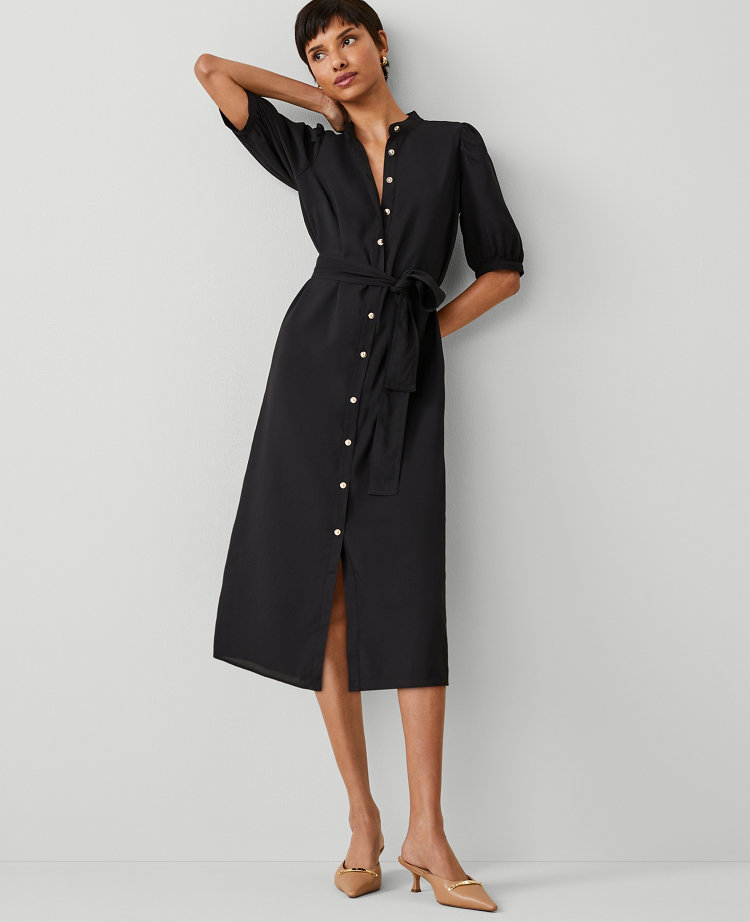 Stand Collar Belted Midi Shirtdress