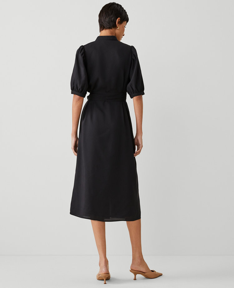 Ann Taylor Stand Collar Belted Midi Shirtdress Black Women's