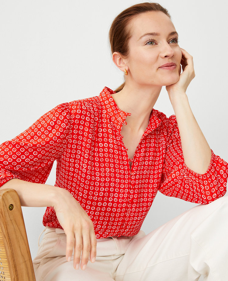 Ann Taylor Geo Button Down Shirt Fiery Red Women's