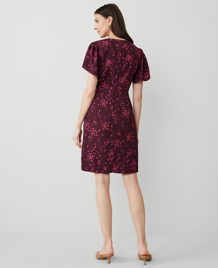 Ann Taylor Floral Flare Dress Plum Rose Women's