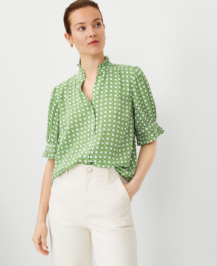 Petite Geo Ruffle Button Top