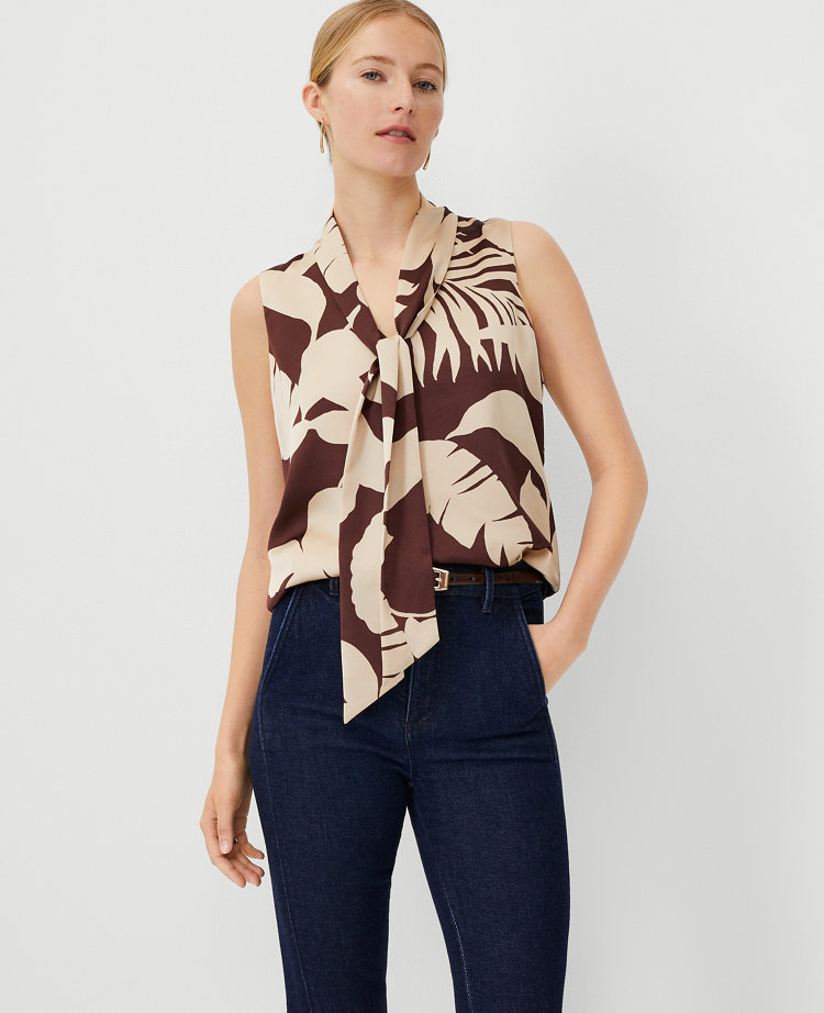 Ann Taylor Petite Tropical Tie Neck Top Toasted Oat Women's