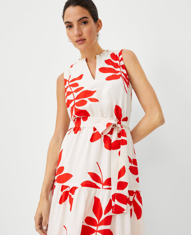 Petite Leaf Split Neck Flare Midi Dress