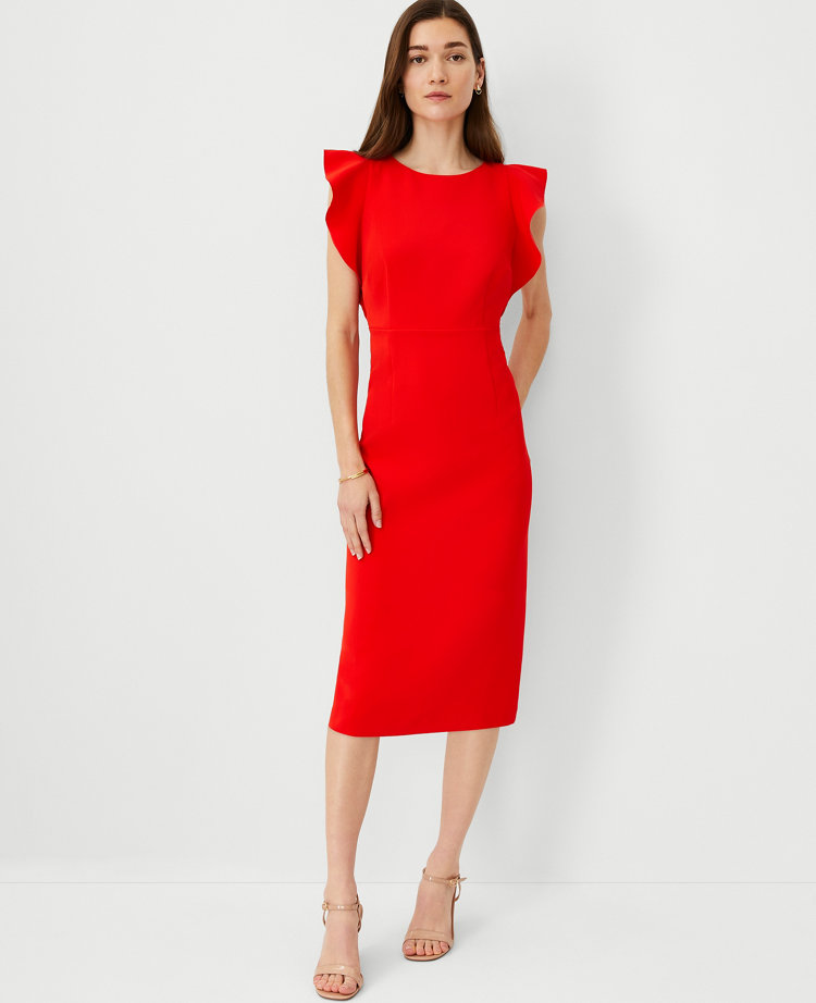 Petite Ruffle Shoulder Sheath Midi Dress