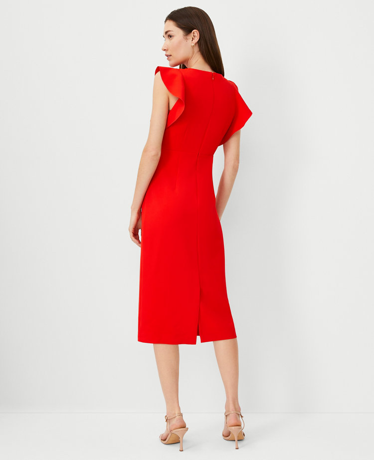 Ann Taylor Petite Ruffle Shoulder Sheath Midi Dress Fiery Red Women's