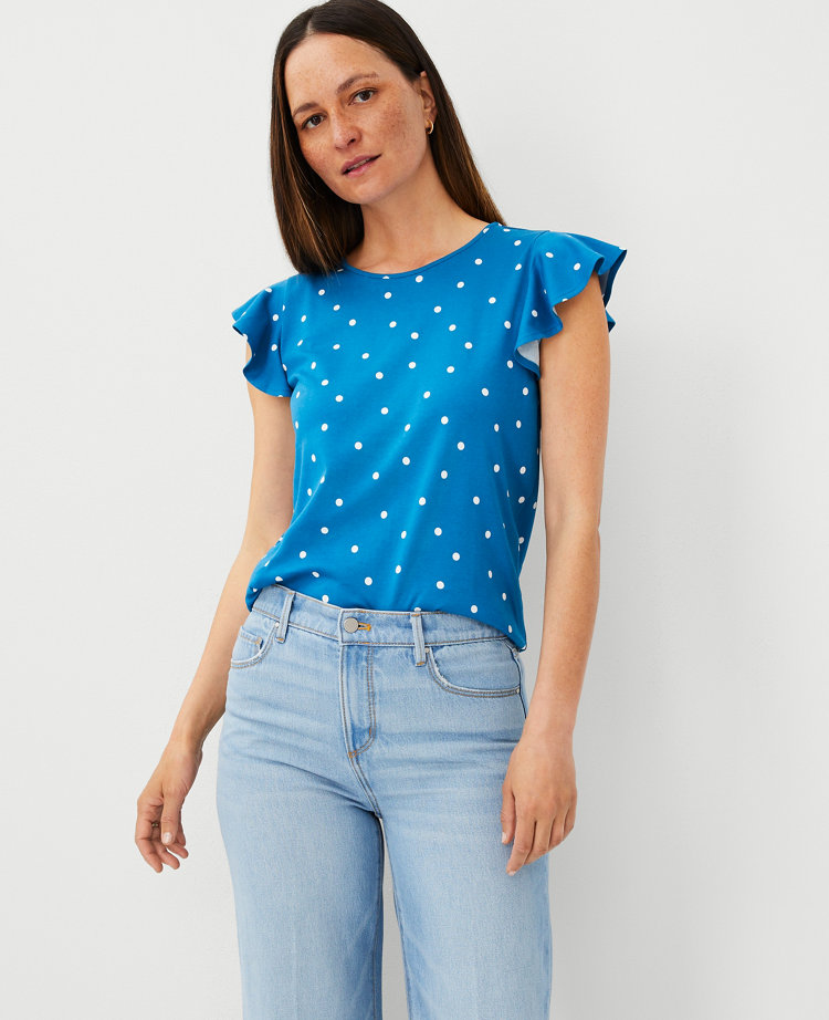 Ann Taylor Petite Dotted Cotton Flutter Sleeve Top Size Small Santorini Women's