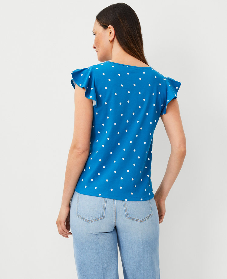 Ann Taylor Petite Dotted Cotton Flutter Sleeve Top Santorini Women's