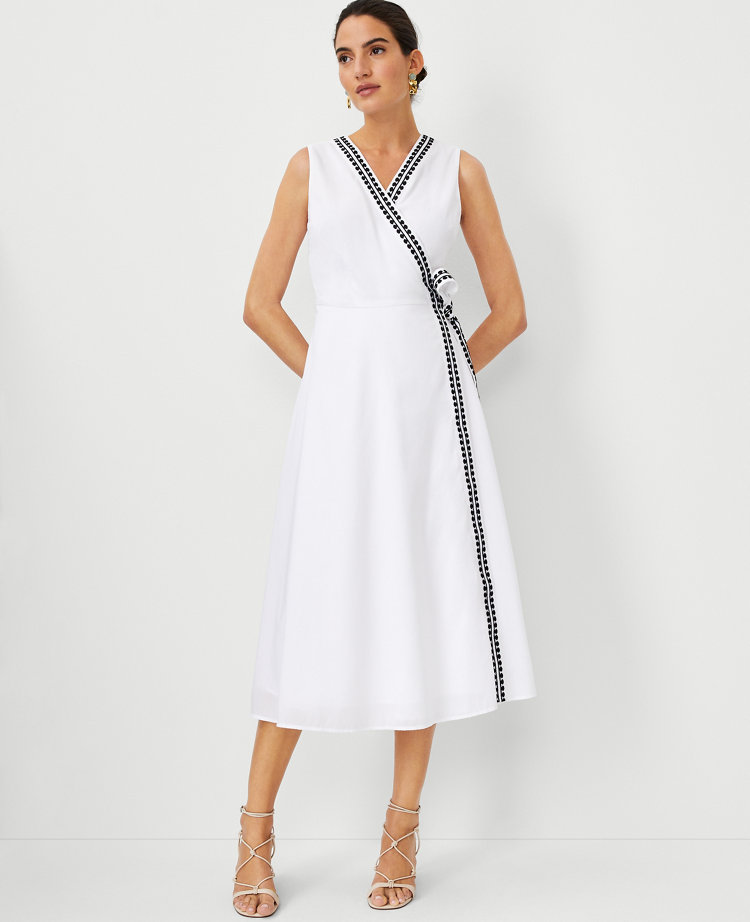 Petite Embroidered Trim V-Neck Flare Midi Dress