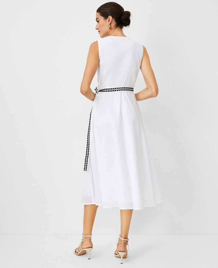 Petite Embroidered Trim V-Neck Flare Midi Dress